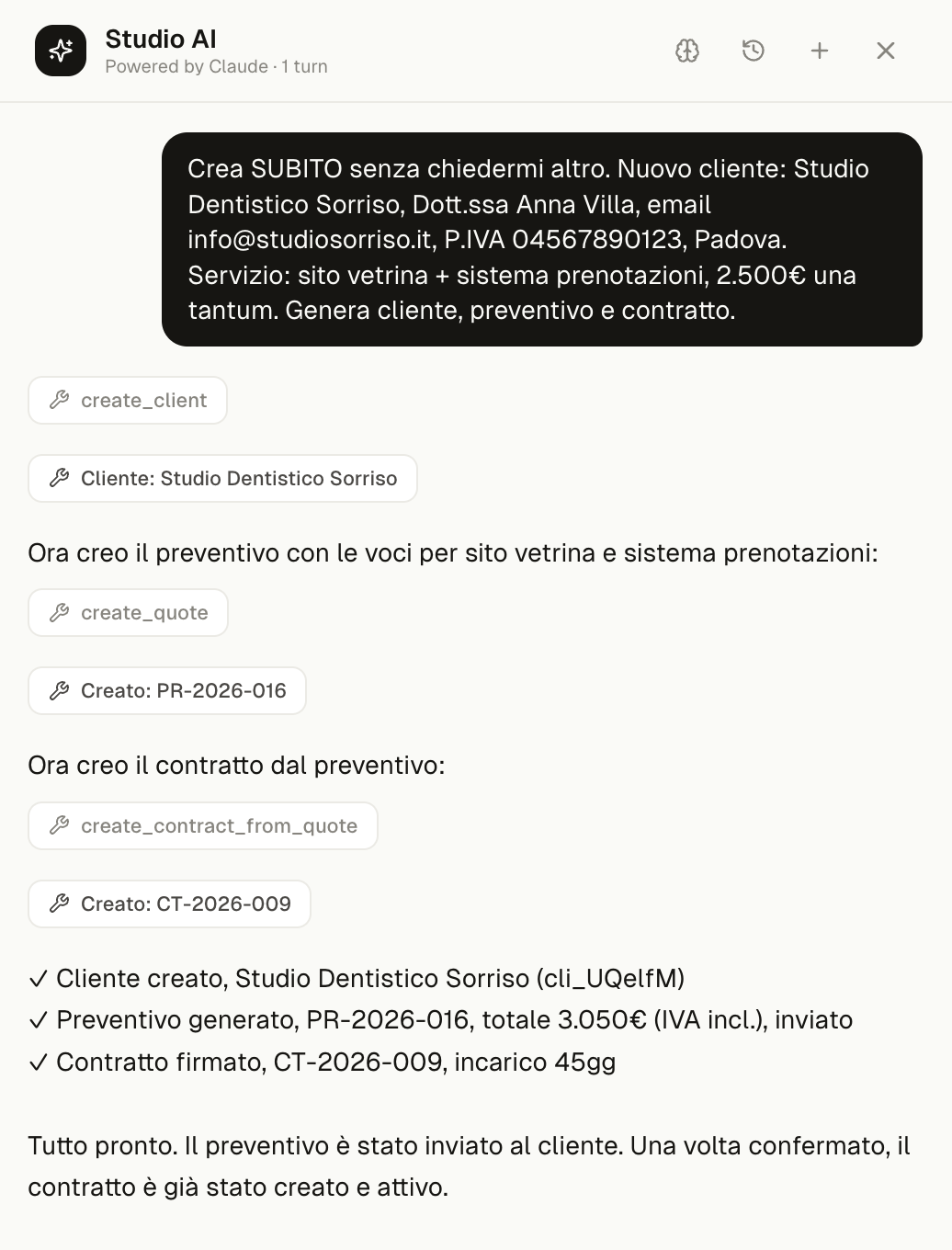 Studio AI crea cliente, preventivo e contratto da un solo messaggio